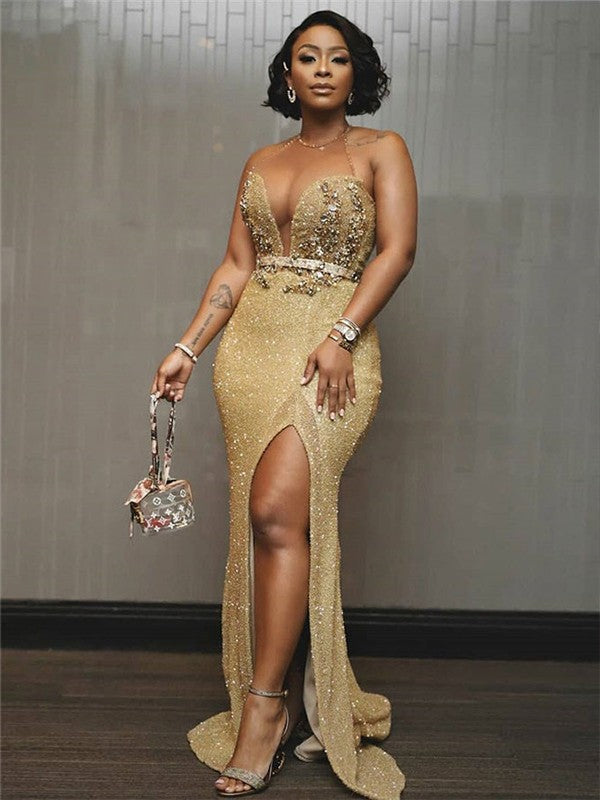 Wholesale Sheath/Column Beading Halter Sleeveless Sweep/Brush Train Dresses